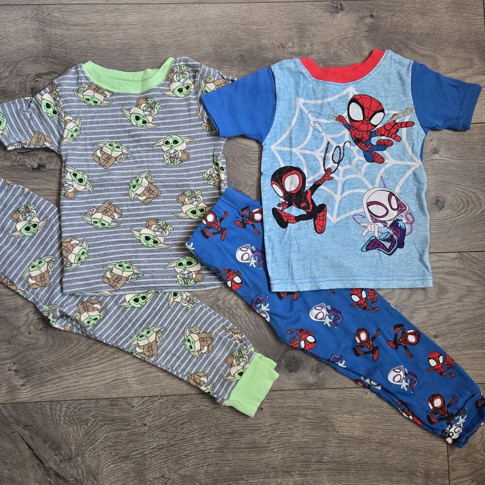 Marvel Spidey Star Wars Grogu Pajamas Lot 4T Cotton Toddler Boy 4 Piece PJ Set